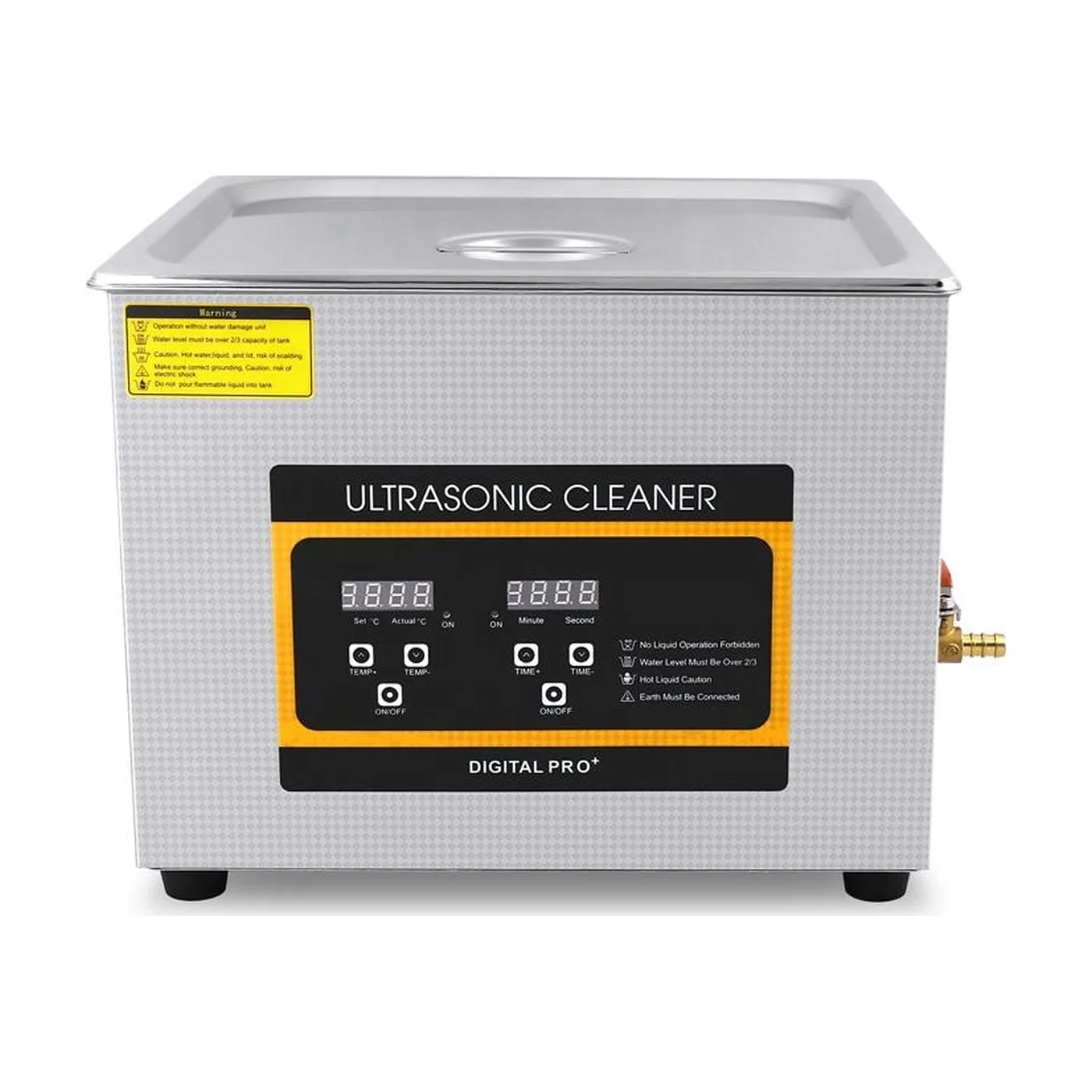 CSB16L ultrasonic cleaner seen from the front with the lid closed, showing the twin digital displays, the amber control panel and the brass drain valve at the right
