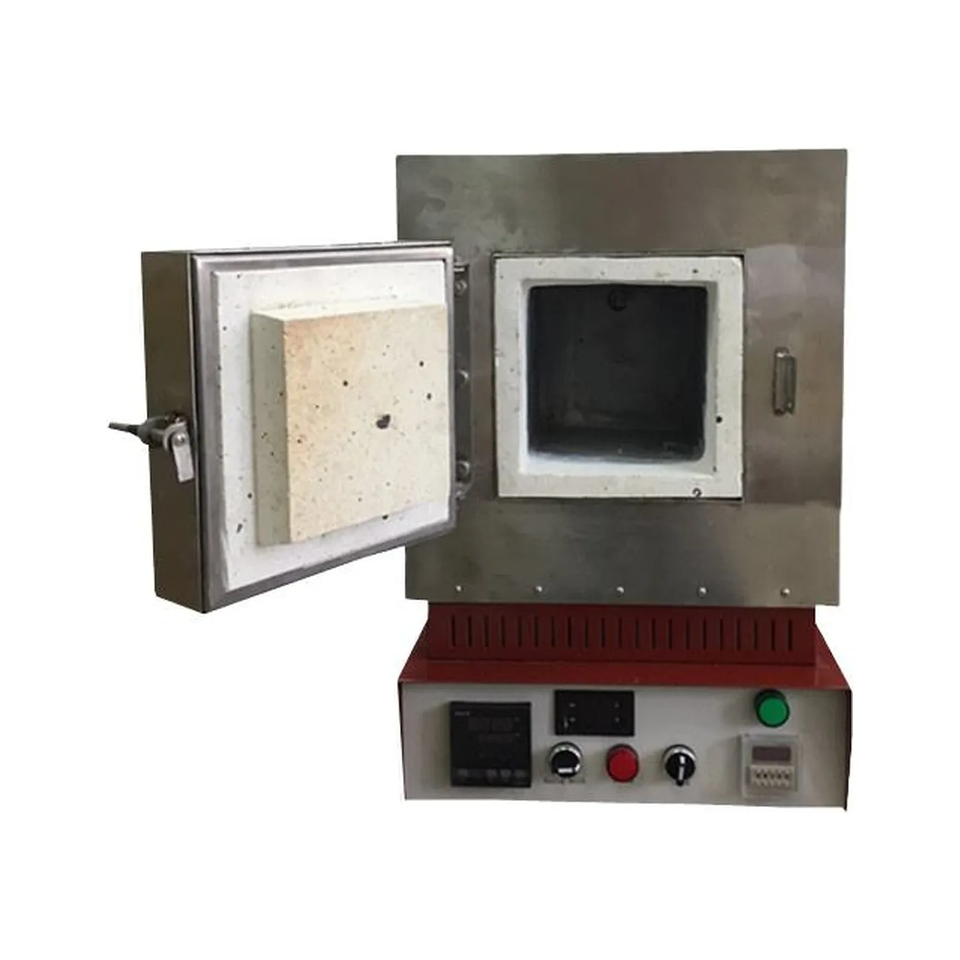 LZ-2 burnout furnace with the door swung open to the left, showing the insulating plug on the door face and the square refractory muffle chamber