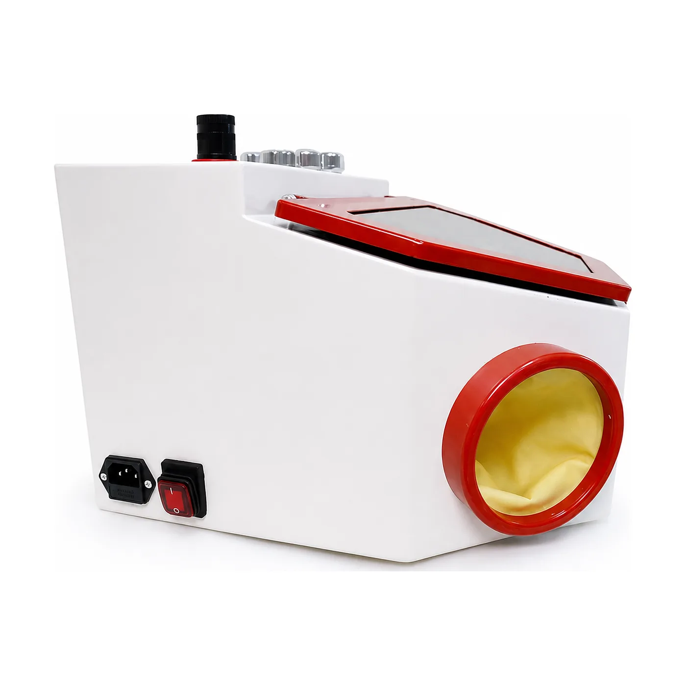 LZBP-1 sandblasting cabinet, side three-quarter view, showing the white housing, red-trimmed lid and the round gauntlet opening