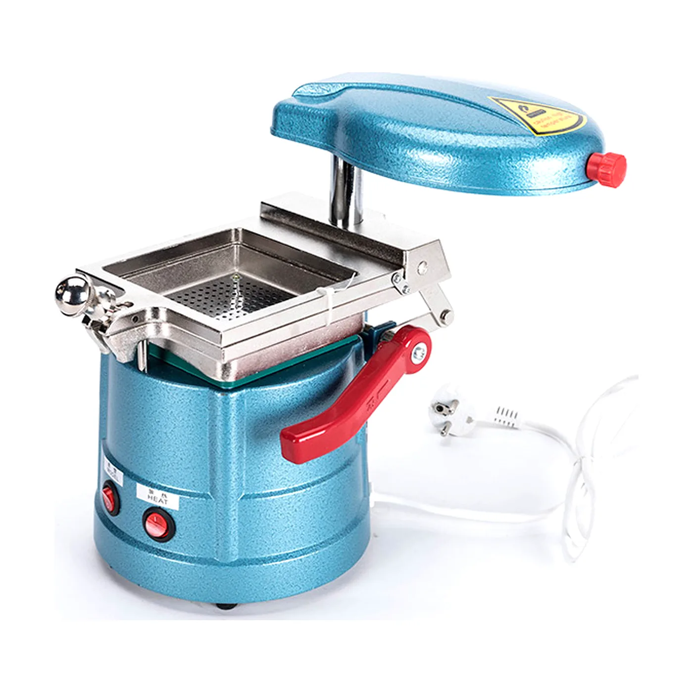 LZCX-I vacuum forming machine with the heater head swung up and back, showing the perforated bead tray, the clamp frame and the red forming lever on the right