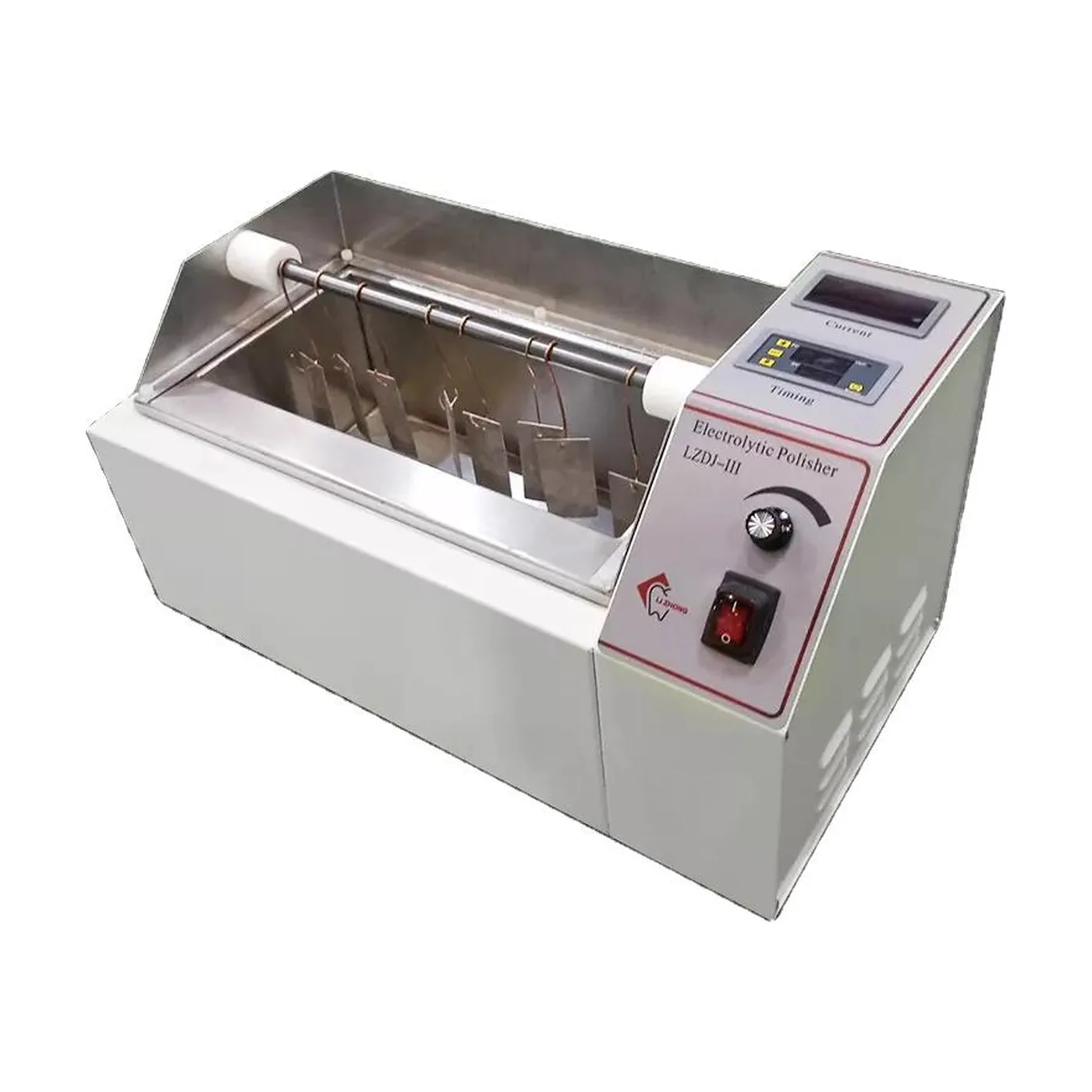 LZDJ-III electrolytic polisher at three-quarter angle, showing the stainless bath, the suspension bar spanning it with frameworks hanging, and the current and timing readouts on the right fascia