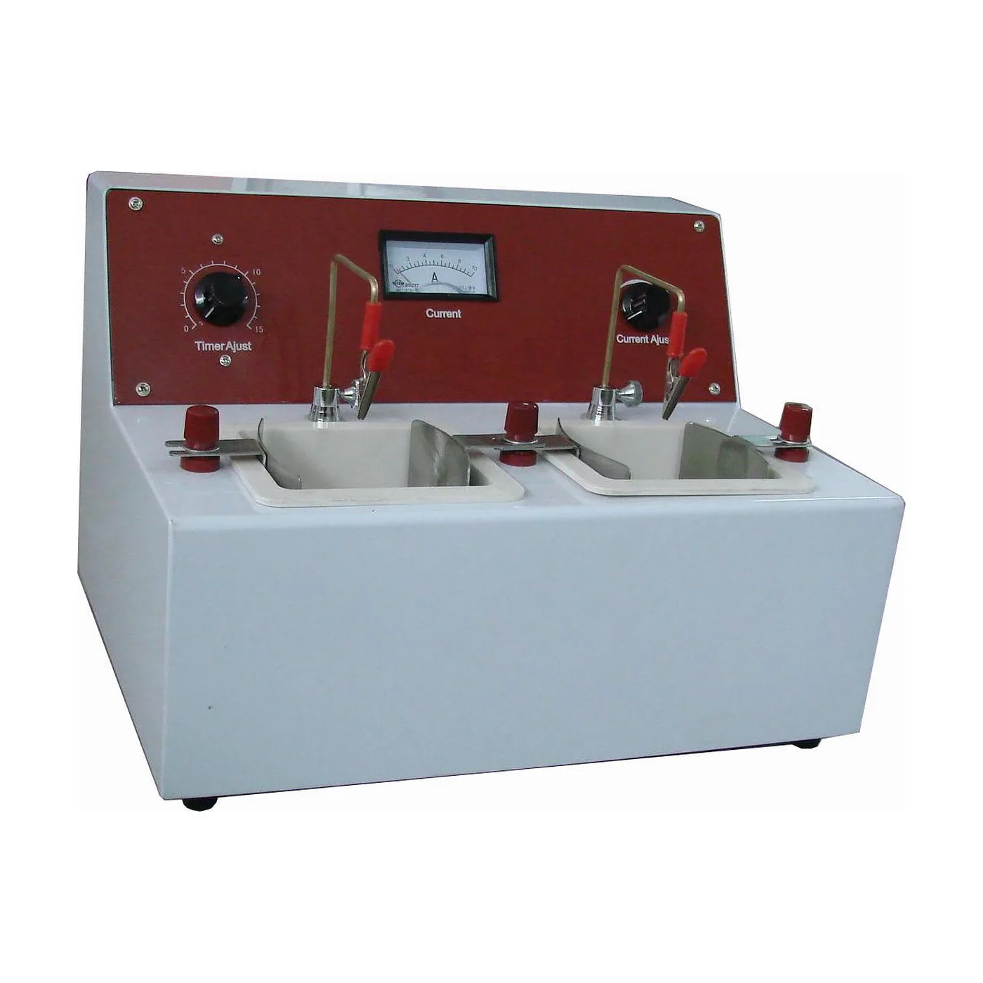 LZDZ-I electrolytic polishing unit, front three-quarter view, showing two electrolyte tanks and the red control panel with analogue current meter
