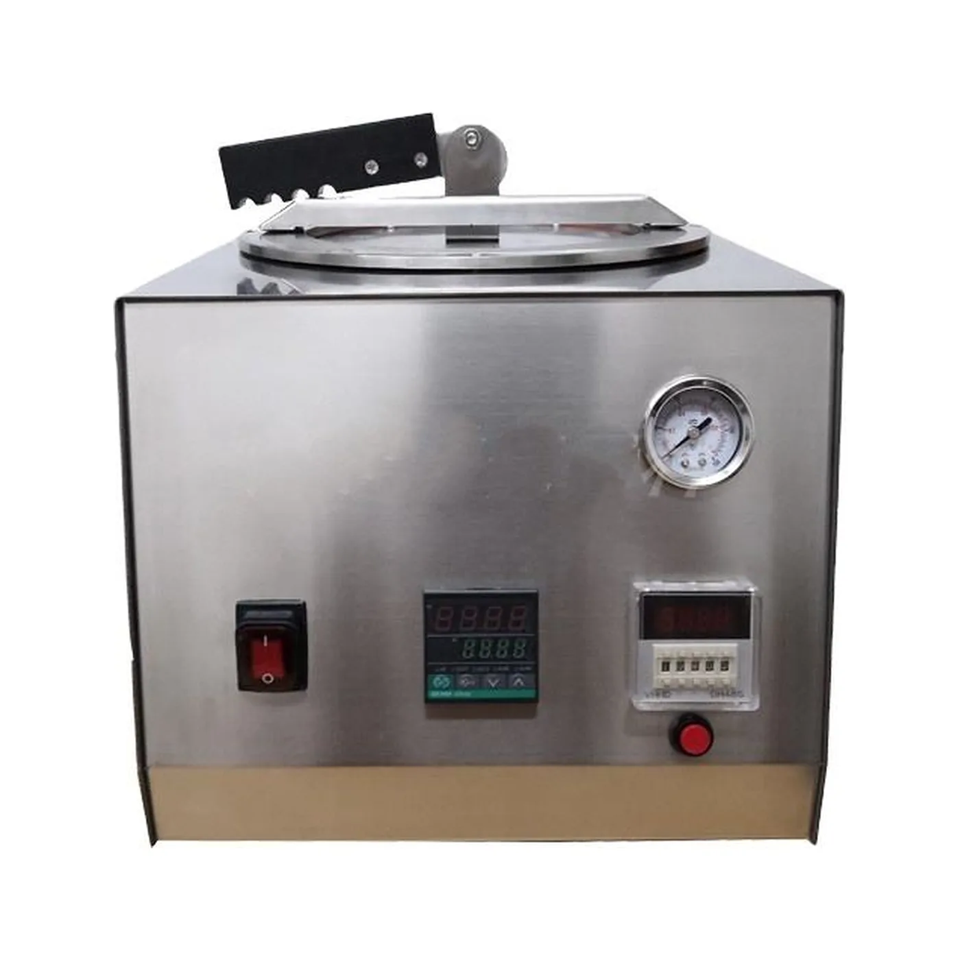 LZJHQ curing pressure pot seen from the front, showing the clamped stainless lid, the pressure gauge on the right and the thermostat and timer on the lower fascia