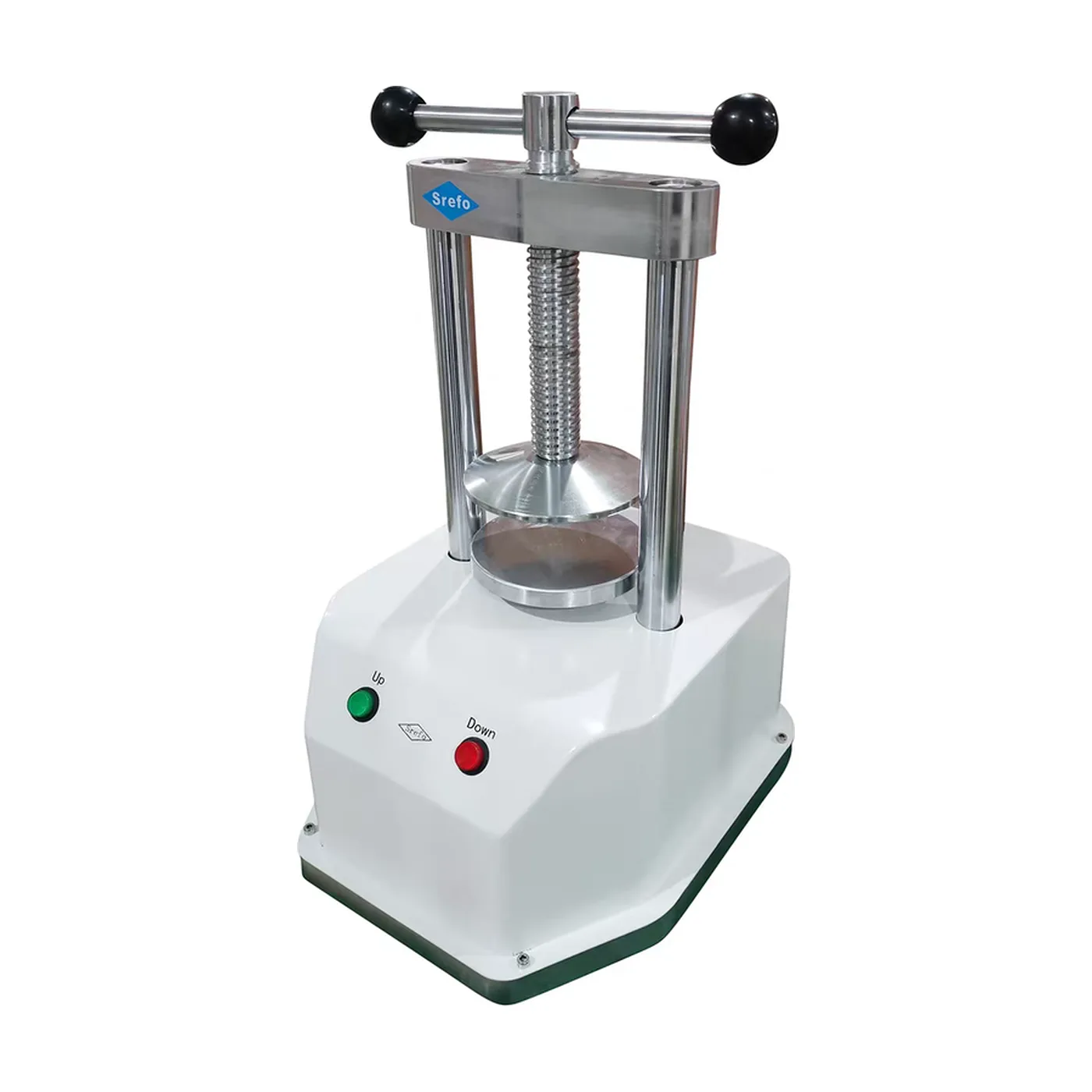 R-1506 hydraulic flask press seen at three-quarter angle, showing the twin-arm hand wheel, the threaded central screw between two guide columns and the green and red platen buttons